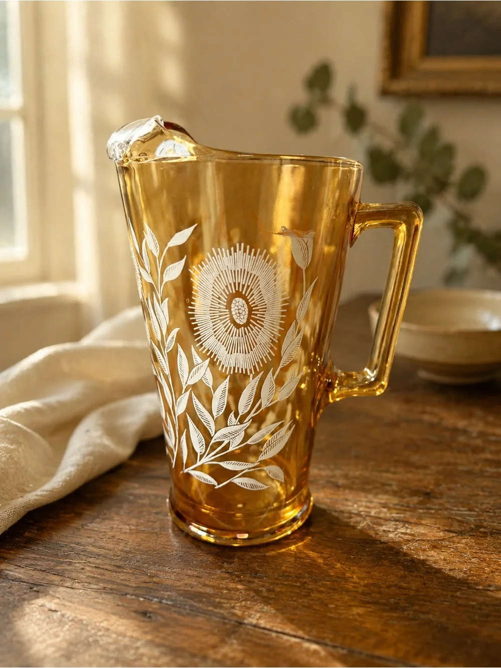 Vintage Jeannette Cosmos Marigold Carnival Glass Floral Pitcher 9 Inch
